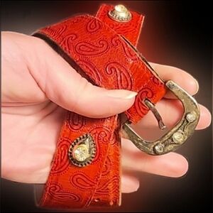 Vtg 90s Jill Stuart new york ginger red paisley rhinestones studs leather belt L